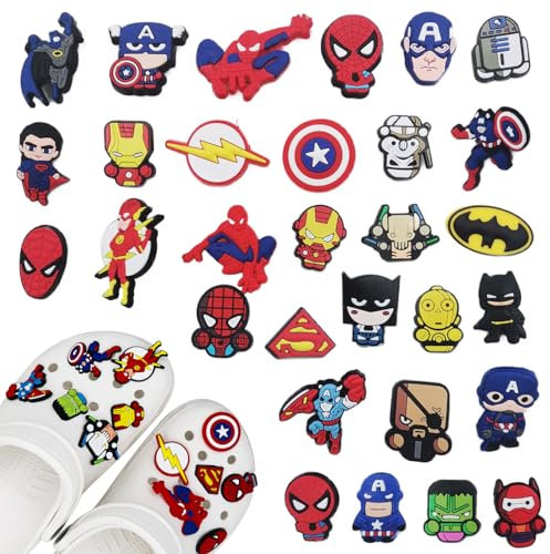Schuh Charms für Clogs, 30 Stück Schuhanstecker Cartoon Superheld Schuhanhänger, DIY Schuh Pins Aufstecker Anstecker Set, Abnehmbare PVC Shoe Dekoration Zubehör für Kinder Jugendliche Erwachsene
