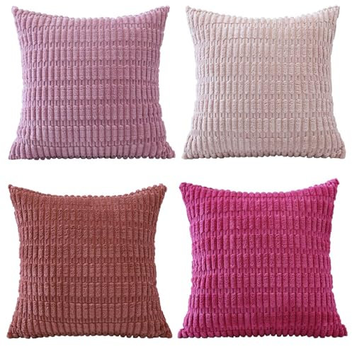 Sungeek Lot de 4 housses de coussin décoratives carrées en velours côtelé doux à rayures pour canapé, salon, terrasse, ferme, décoration d'intérieur, 40 x 40 cm, rose vif violet