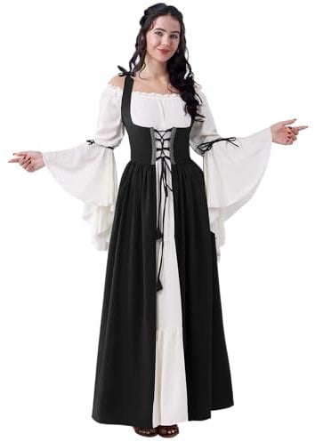 Spooktacular Creations Black Renaissance Costume Women, Medieval Chemise, Ren Faire Dress, Irish Overdress, Renaissance Corset with Trumpet Sleeve for Cosplay, Wedding-S