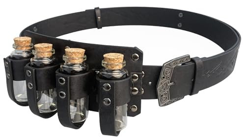 HiiFeuer Mittelalterliche geprägte Alchemie Kunstleder Schnalle Gürtel mit 4 Kork Fläschchen, Fantasy Zauberer Zaubertrank Flaschen (Schwarz A)