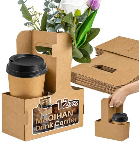 MAQIHAN 2 Cup Drink Carrier with Handle - 12Pcs Disposable Cardboard Coffee Cup Holder Portable Foldable Tray Drink Caddy Cup Carriers to go Cup Holder Food Delivery Accessories for Hot/Cold Drinks