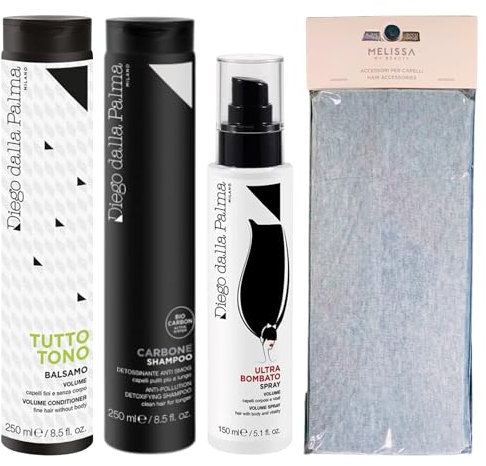 SET: Shampoo CARBONE, Detossinante Anti Smog 250ml + Balsamo TUTTO TONO Volume 250ml + Spray ULTRA BOMBATO Volume 150ml + Fascia Per Capelli (Colori Assortiti)