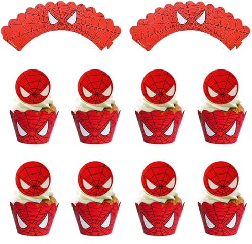 24 Pezzi Toppers Torta Cool Ragno Cartoon,Cupcake Decorazioni Torta Compleanno,Cute Anime Spider Eroe Toppers per Muffin Cialde,Kawaii Torta per Feste di Temi Cartone Animato per Bambini Ragazzi,Rosso