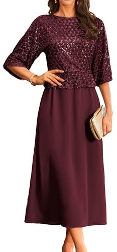 Abendkleid Schwarz Damen 3/4 Ärmeln Sommer Chiffon Kleid Elegant für Hochzeit Glitzer Kleid M Wein Rot -3