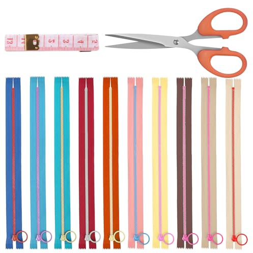 Glarks 12pcs 35cm/13.77in Nylon Harz Reißverschluss mit Hebering Pull Set, 10 bunte Nylon Spiralreißverschlüsse mit Ring Schubladen und 2 Schneiderwerkzeuge, Nähen Reißverschlüsse