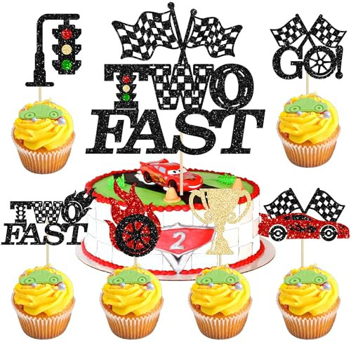 Gyufise 25Pcs zwei schnelle Kuchen Topper Rennwagen Cupcake Topper Rennwagen Thema Kuchen Dekoration für Trophäe Flagge Rennwagen Thema Kinder 2. Geburtstag Party Supplies