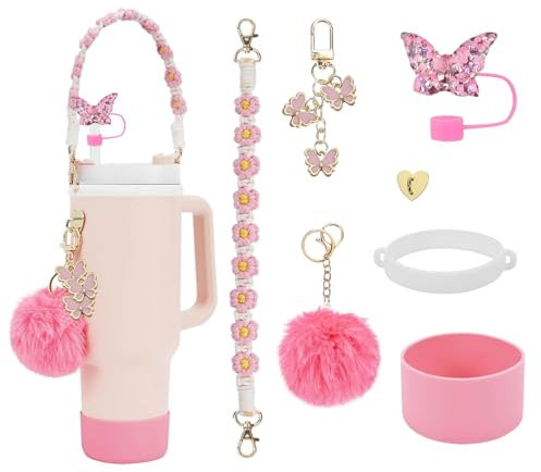 Stanley Cup Accessories Set - Water Bottle Handle Strap, Holder, Silicone Straw Covers, Keychain - 30oz, 40oz Tumbler (Pink)