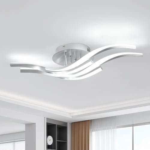 Dorlink Led Deckenleuchte, Deckenlampe Schlafzimmer, 32W 2880LM Led Deckenleuchte Wohnzimmer 6500K, 4 Lichter Deckenlampe Küche, Silber LED lampe für Flur, Esstisch, Balkon, Art Deco Wellen Ø60CM
