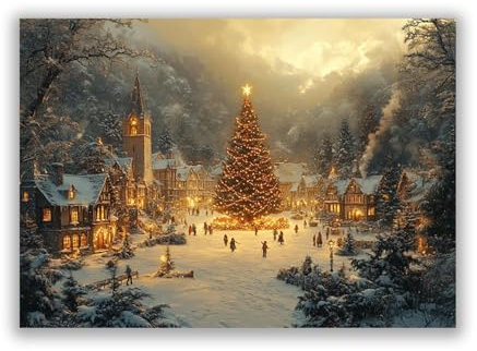 SHYAMIC Giallo, bianco Quadro vintage Natale, Notte dell'albero di Natale Natale su Tela Wall Art -Moderni Poster e Stampe per Soggiorno Home Decor Regalo-40x60cm Non incorniciato