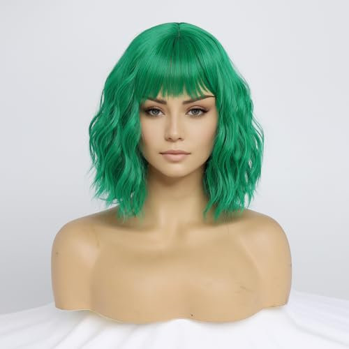 SIMKAYLEE Perruque courte ondulée verte Joker avec frange pour femme - Perruque courte verte pour femme - Longueur des épaules - Pour carnaval, fête, Halloween, cosplay (30 cm)