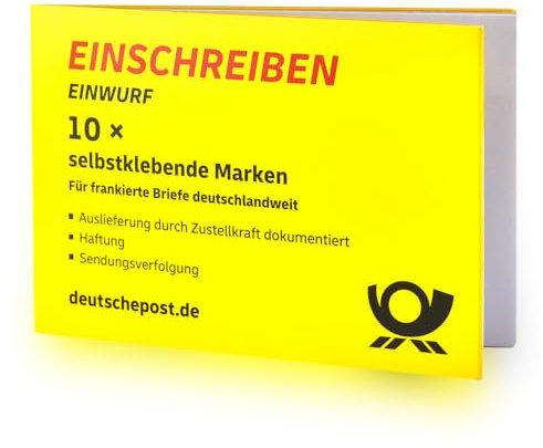 10 Stück selbstklebende Post Einschreiben-Briefmarken Einschreiben-Marken Porto Etiketten Label Aufkleber mit Barcode im Block | Versicherung bis 25 EUR | Zustellung per Einwurf