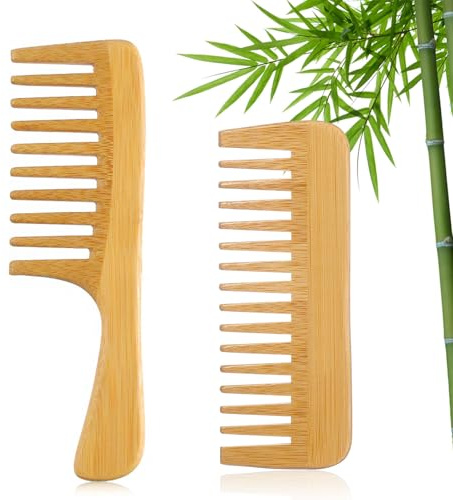 Bambu träkam grova lockar, 2-pack lockkam, trä, bambu, träkam för lockar, handgjorda, bred tand comb antistatisk stor tand trähårkam för kvinnor lockigt vågigt tjockt hår