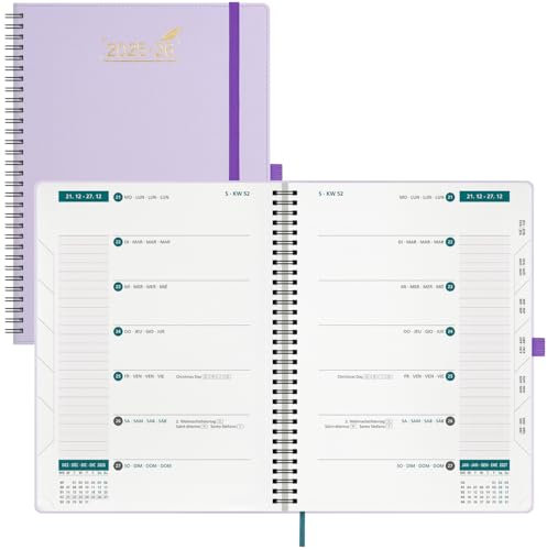 BEZEND Agenda 2026 Semana Vista 21 x 28 cm, 18 Meses Agenda Escolar en Espiral de Jul.25 a Dic.26, A4 Planificador Semanal con Doble Horario, Tapa Blanda Cuero PU - Lila