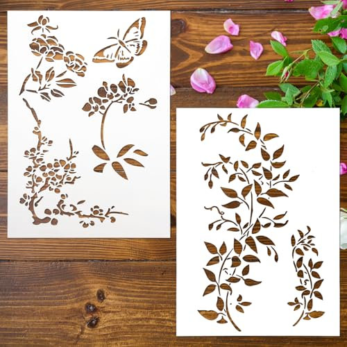 2 große A4-Schablonen mit Baumranken, Blättern und Blumen, zum Malen auf Holzwand, Efeu-Schablone für Möbel, Leinwand, Heimdekoration, DIY Kunsthandwerk (21,6 x 29,6 cm)