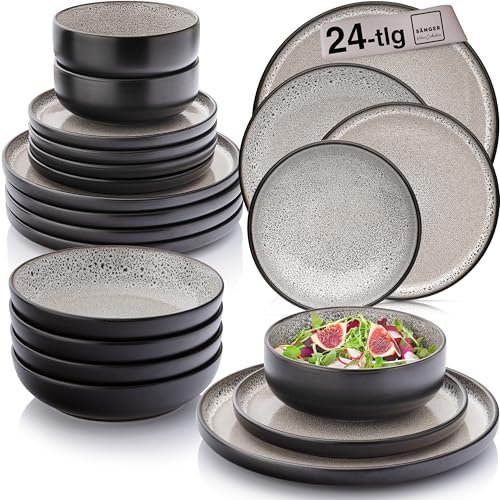 SÄNGER Luxor | Tafelservice 24 teilig, Steingut Geschirr Set 6 Personen, 6x Teller Set 6x Frühstücksteller 6x Tiefe Teller 6x Pastaschalen Geschirrset und Schale braun biege | VALUE COLLECTION