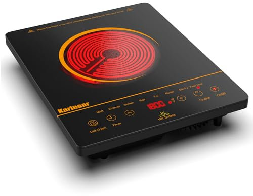 Karinear Placa vitrocerámica 1 fuegos portátil con diseño naranja, 650 °C máx, vitrocerámica 1 placa independiente, 2000W, con enchufe, temporizador, seguro para niños, 220-240V