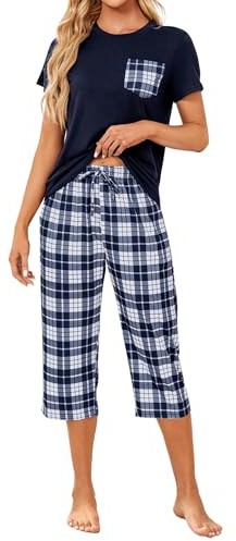 TeJoyce Pyjama Femme Court Été, Deux Pièces Vêtements de Nuit Rayonne, Ensembles Manches Courtes et Carreaux Pantalon 3/4 avec Poche, Léger et Respirant Loungewear pour Dormir (Bleu Marine, XXL)