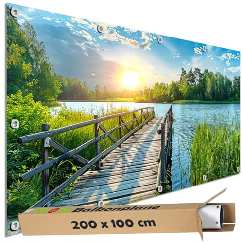 TRIOSK Sichtschutz Balkon Deko Plane Balkonblende Blickdicht mit Motiv Schilfsee Brückenweg Badesteg für Garten Terrasse Gartenzaun Balkonverkleidung Blickschutz PVC groß 200x100 cm