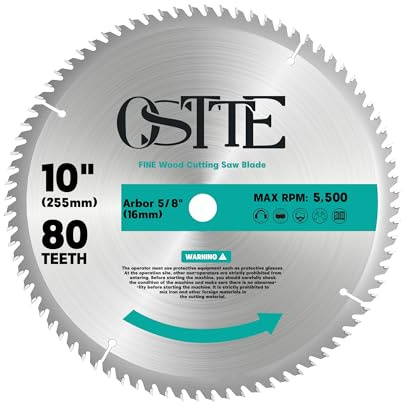 OSTTE 10-Inch Table Saw Blade 80 T, 5/8 Inch Arbor Circular Saw Blades, TCT Carbide Tipped Teeth Miter Saw Blade for Cutting Wood, 1 Pack