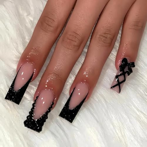 24PCS Black French Square Press On Nails with Rhinestones & 3D Bow Design -Glamorous Lace-Up Look, 12 Sizes, – Elegant Reusable