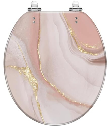 Round Toilet Seat Pink Marble Rose Gold Resin Toilet lid with Quietly Close Quick Release Hinges Decorative Seat with Cover Easy to Clean and Install
