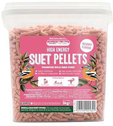 Suet To Go Berry Suet Pellets Tub 3kg - High Energy Wild Bird Food, Protein & Fat, Attracts Robins & Tits