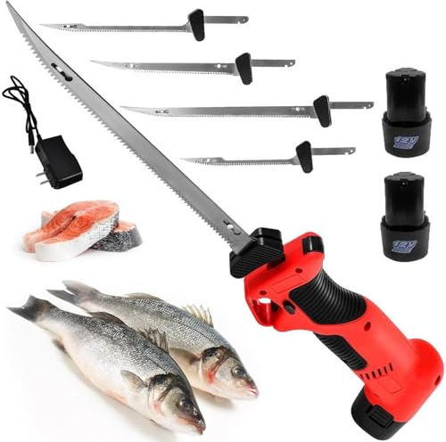 Soflightmok Couteau à Fileter éLectrique pour Professionnel/Domestique - Couteau à Fileter pour Poisson-4 Lames, 2 Batteries Et 1 Chargeur | PoignéE AntidéRapante | Qualité Boucherie pour Os Durs