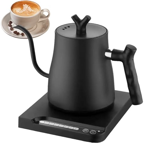 1L Electric Gooseneck Kettle,Real-Time Temp Control Hot Water Boiler,Brew Tea,1000 Watt Quick Heating Pot,kettles Electric to Pour Over Coffee,Smart Kettle 304 Stainless Steel, Matt Black