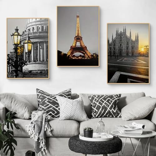 TROYSINC 3Teilige Bilder Set - Rom Pantheon, Paris Eiffelturm, Mailand Dom - Schwarz-Weiß Vintage Stil Wandkunst Wanddekoration Wandbilder für Wohnzimmer, Schlafzimmer, Büro (50x70cm)