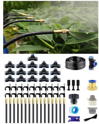 Sistema de Riego por Goteo, Aspersor 360° Ajustable, Boquilla Nebulizadora de Alto Rendimiento, Cabeza Giratoria, Flujo de Agua Personalizable, Fácil Instalación, Ideal para Plantas en Maceta (15 M)