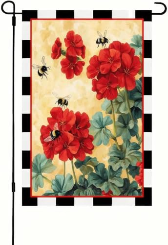 Frühlingsgartenflagge Willkommen Frühling Geranie Dekorative Hofflagge Doppelseitige Biene Rot Floral Kleine Flaggen Hello S