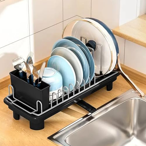 Bonhoom Dish Drainer Rack With Drip Tray, Kitchen Draining Board Rack with 360° Rotating Spout, Metal Sink Dish Rack with Cutlery Holder - Black
