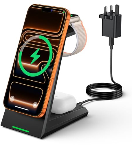 ADADPU 3 in 1 Wireless Charging Station, Charging Station For Apple Watch | Mag-Safe Charger Stand for iphone 17/16/15/14/13/12 Series, AirPods Pro 4 3 2(30W Adapter Included)