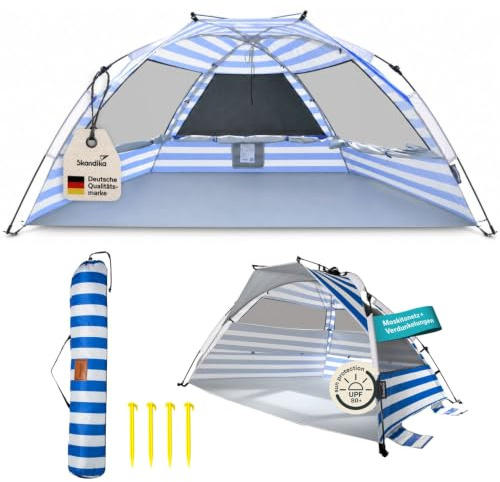 Skandika Strandmuschel Skal Quick-Start | Strandzelt, UV-Schutz 80+, 360° Mesh-Panoramafenster, Windschutz, Sonnenschutz, Sichtschutz, Quick-Up, Sandheringe | Strand Zelt für Familie, Kinder