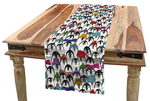 ABAKUHAUS Pinguin Tischläufer, Winter-Cartoon-Tier, Esszimmer Küche Rechteckiger Dekorativer Tischläufer, 40 x 180 cm, Rot Dunkler Lavendel