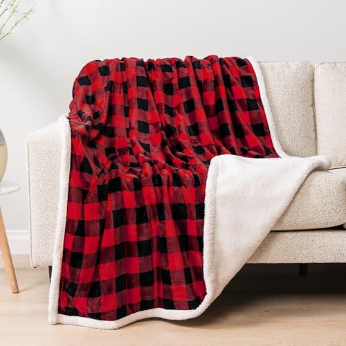 PAVILIA Couverture Polaire Sherpa à Carreaux Noirs et Rouges pour canapé, Couverture en Flanelle Douce pour canapé-lit, Couverture à Carreaux de Noël, Couverture décorative Chaude et Confortable,