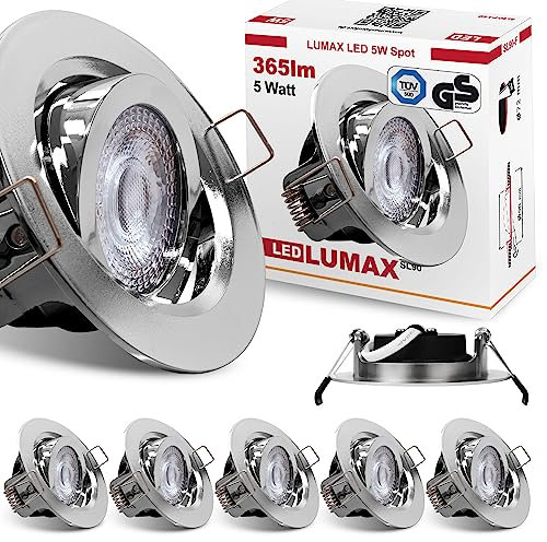 max K O M F O R T 6x LED Einbaustrahler dimmbar Ultraflach 5 Watt chrom schwenkbar 230V Rund warmweiß Deckenstrahler Spot Deckenspot Lumax