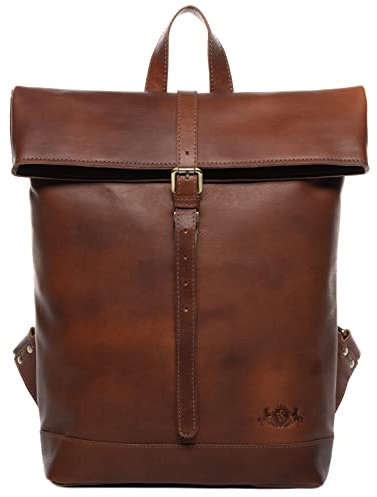 SID & VAIN Rolltop Rucksack echt Leder - 15.4 Zoll Laptop Lederrucksack Jay - Rucksack zum Rollen mit Laptop-Fach - Lederrucksack Herren und Damen braun handgefertigt