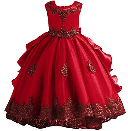 IBAKOM Vestido de noche para niña, diseño de pajita de flores, bordado, para boda, para fiesta de honor o cumpleaños, rojo, 8-9 Años