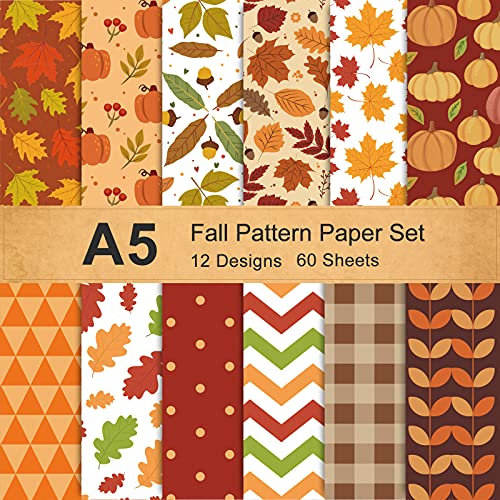 Whaline 12 Designs Herbstmuster-Papier, A5-Größe, Herbstblätter, Kürbis, kariert, Wellen, Bastelpapier, 60 Blatt, rotbraun, doppelseitiges Origami-Papier für Herbsternte, Erntedankfest