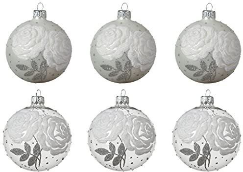 Christmas Decorations Weihnachtskugeln Glas 8cm x 6 Stück mit Motiv mundgeblasen handbemalt transparent klar weiß
