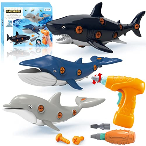 KAEGREEL Animaux Marins Jouet Enfant Garcon 3 4 5 7 Ans avec Perceuse Électrique, Requins Dauphins Baleine Démontage Jouet Animaux Océan éducatifs Construction Puzzle Jouets Cadeau pour Garçons Filles