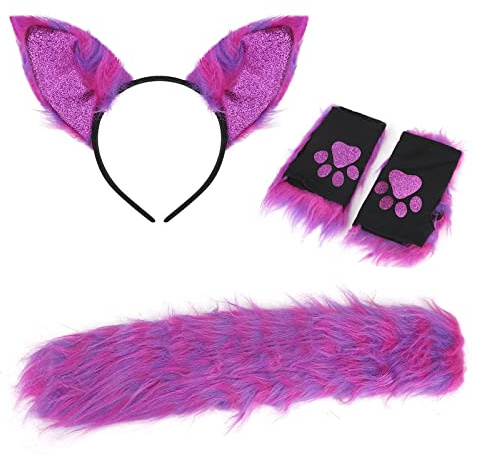 JIAHG Plüsch Katzenohren Haarreif Katzenschwanz Pfotenhandschuhe Set, Katzenkostüm Accessoires für Damen, Halloween Fasching Karneval Tierparty Cosplay Rollenspiele