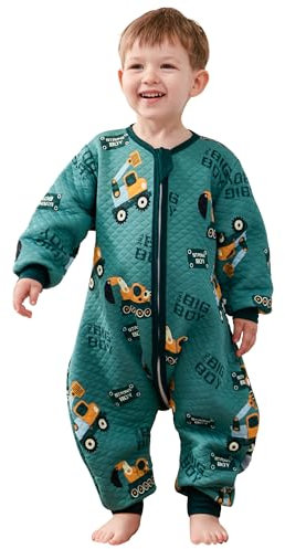 LILBESTIE Kleinkind Schlafsack, Babyschlafsack aus Weicher Baumwolle mit Füßen 1,5 TOG, Tragbare Decke mit Langarm Schlafsack für Alle Jahreszeiten (Baggerr, 2-3 Jahre)