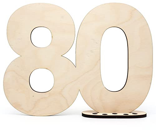 HAGEFOL Gästebuch Holz Deko Schild Zahl 80 - zum selbst beschriften als Geschenke für Senioren ab 80 mit Ständer und Geburtstagskerzenhalter - für 80 Geburtstag Deko, 80 Jahre Jubiläum