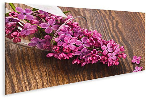 islandburner Bild auf Leinwand Weinglas mit violettem Flieder Wandbild Leinwandbild Bilder für Wohnzimmer GBGM-Pano