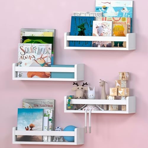 NATURE SUPPLIES Set mit 4 weißen Kinderzimmerregalen 41,7 cm, Massivholz, ideal für Bücher, Spielzeug und Dekoration, Wand-Bücherregal für Kinderzimmer, Kinder-Bücherregal, Kinderzimmer, Bücherregale,