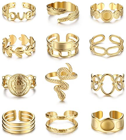 FIOROYAL 12 Pcs Bagues pour Femme Bagues Empilables en Acier Inoxydable Bagues Midi Boho Bague Ouvert Reglable Bague Chevaliere Bagues de Promesse de Mariage Or