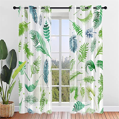 Hiseng Schiebegardinen Voile Vorhang Gardinen 2er Set Pflanze Druck Sheer Schiebevorhänge Lichtdurchlässig Flächenvorhänge für Wohnzimmer Schlafzimmer Fensterschal (107x213cm,Grüne Blätter)