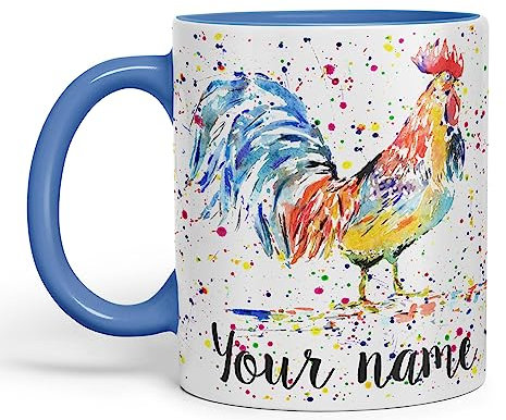 Vixar Personalisierbare Keramiktasse mit Hahn, Huhn, Henne, Bauernhof, Aquarellkunst, farbige Keramiktasse, Geschenk, 330 ml, individuelle Arbeit, Büro, Tee, Kaffee (C Blau)